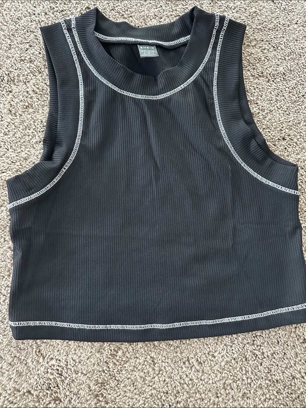 SHEIN Black Ribbed Cropped Tank with White Contrast Stitching
